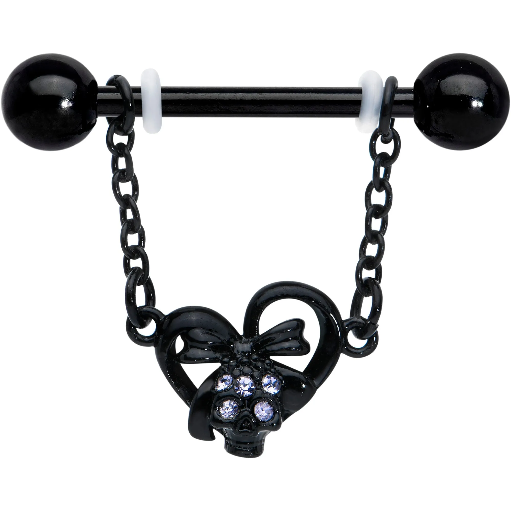 14 Gauge 9/16 Clear Gem Black Skull Bow Heart Dangle Nipple Ring Set