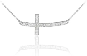 14K White or Yellow Gold or .925 Sterling Silver Cubic Zirconia Curved Sideways Cross Bar Necklace - Choice of Length