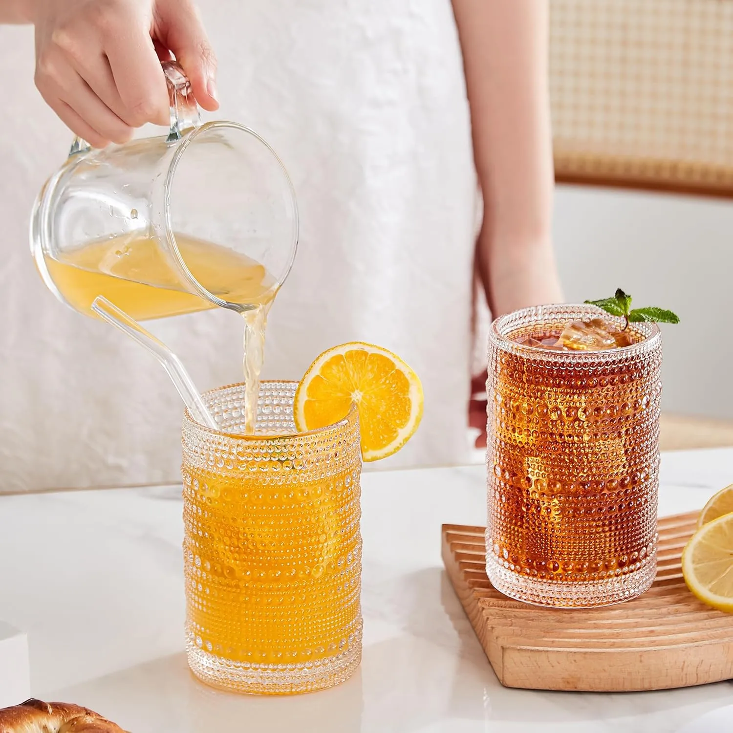 15 oz Clear Hobnail Drinking Glasses with Straws Set of 6, Vintage Glassware Old Fashioned Beverage Glasses, Cocktail Drinking Glassware Set, Kitchen Water Glasses Cup, for Beer, Smoothie, Juice