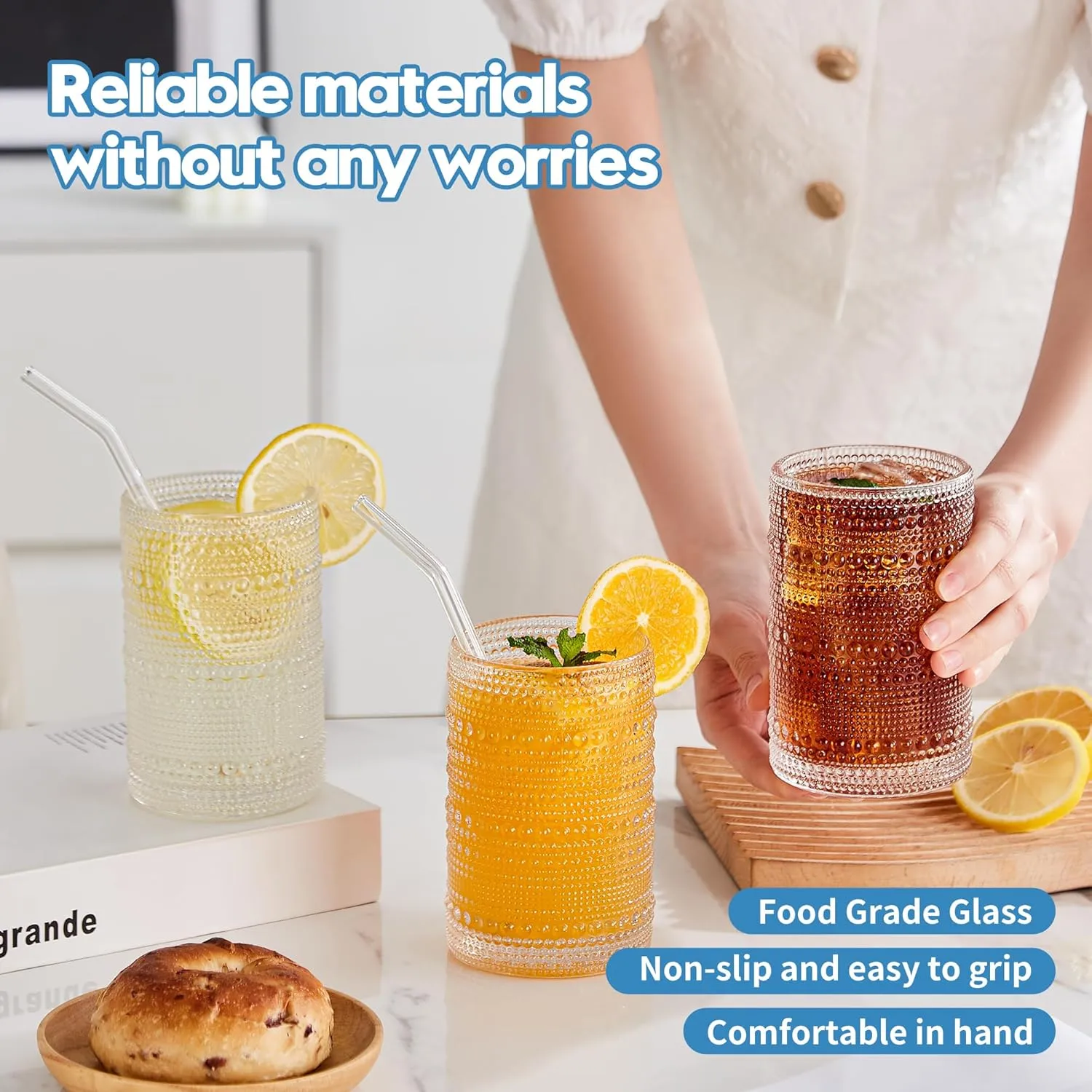 15 oz Clear Hobnail Drinking Glasses with Straws Set of 6, Vintage Glassware Old Fashioned Beverage Glasses, Cocktail Drinking Glassware Set, Kitchen Water Glasses Cup, for Beer, Smoothie, Juice