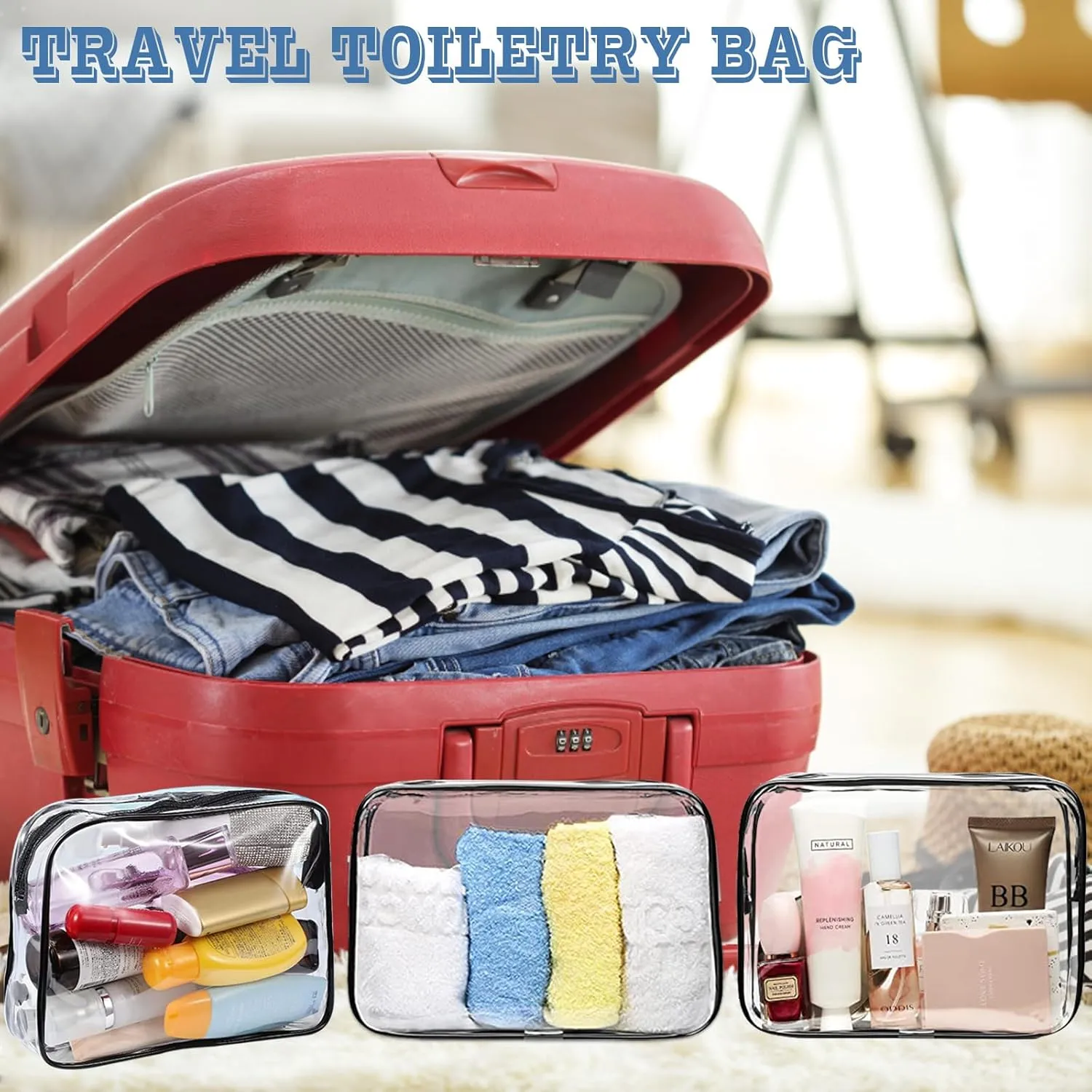 16 Pieces Clear Makeup Bags Bulk, TSA Approved Toiletry Bag for Travel, PVC Waterproof Travel Pouches Clear Pouch with Zipper for Men and Women Carry-on Travel Essentials Cosmetic Bags (Black-M)