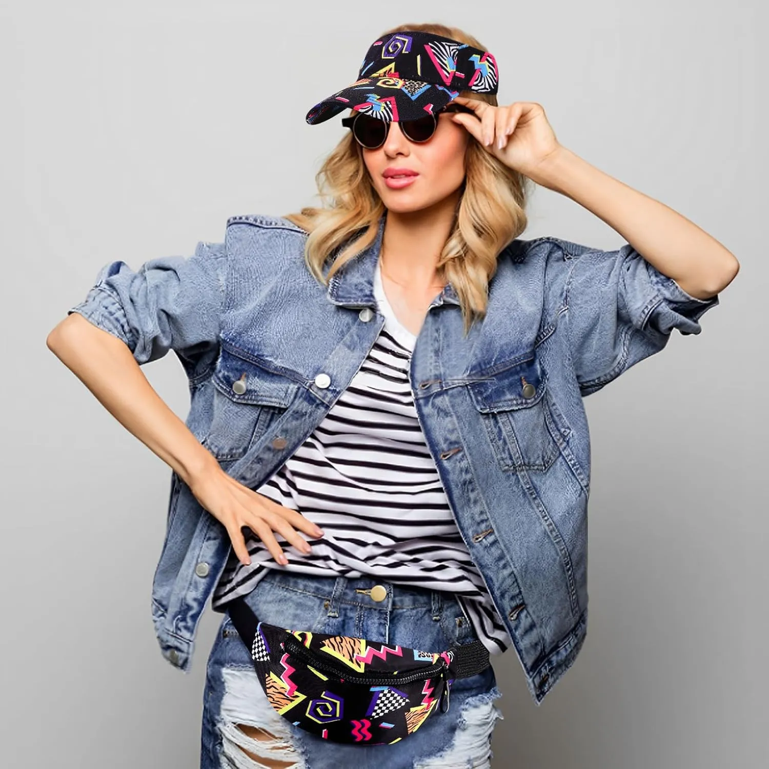 2 Pcs 80s 90s Fanny Pack Sun Visor Hat Waist Bag 80s 90s Outfit Retro Summer Sports Party Fashion Accessories for Men Women (Black)