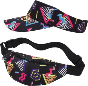 2 Pcs 80s 90s Fanny Pack Sun Visor Hat Waist Bag 80s 90s Outfit Retro Summer Sports Party Fashion Accessories for Men Women (Black)
