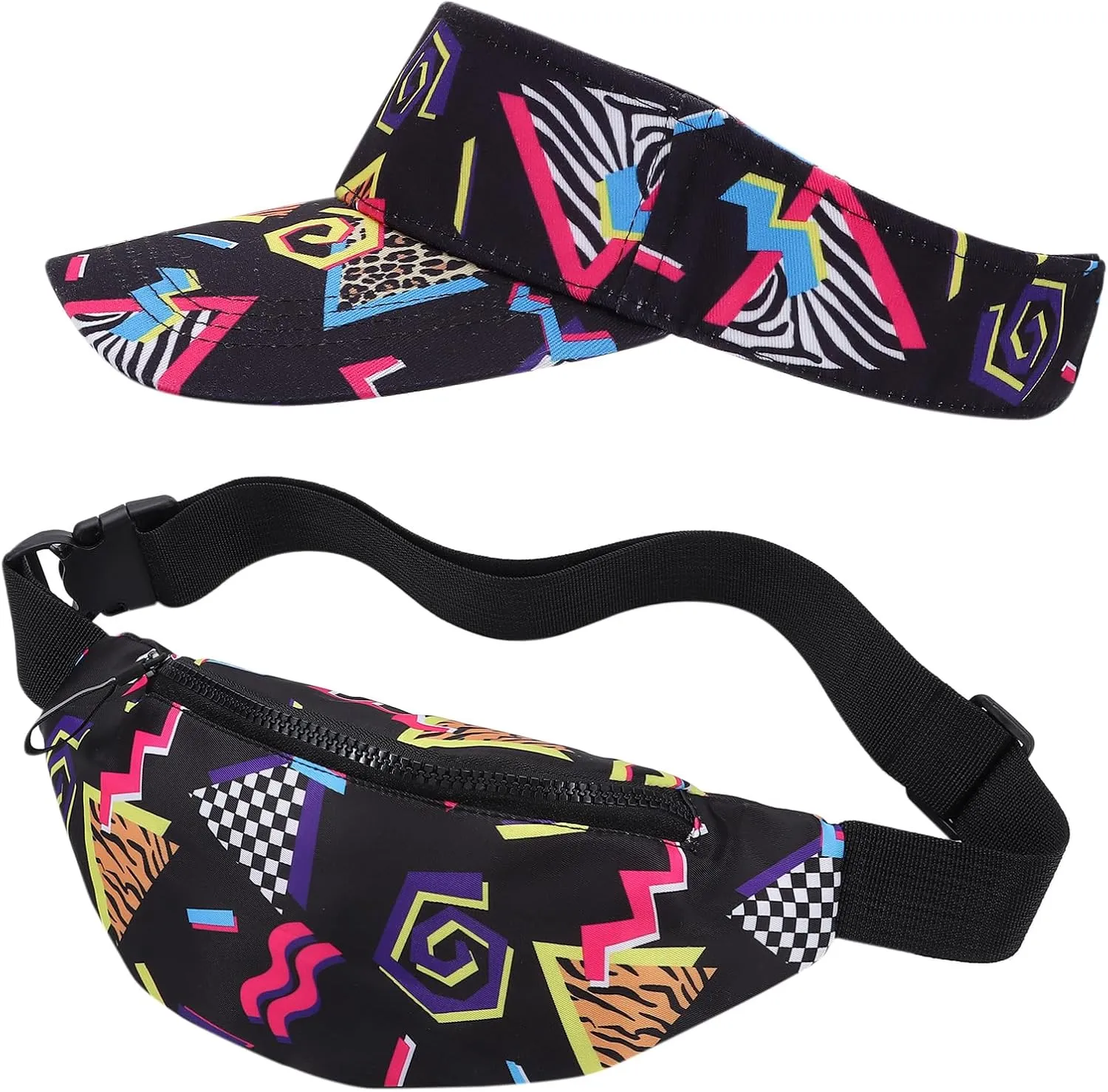 2 Pcs 80s 90s Fanny Pack Sun Visor Hat Waist Bag 80s 90s Outfit Retro Summer Sports Party Fashion Accessories for Men Women (Black)