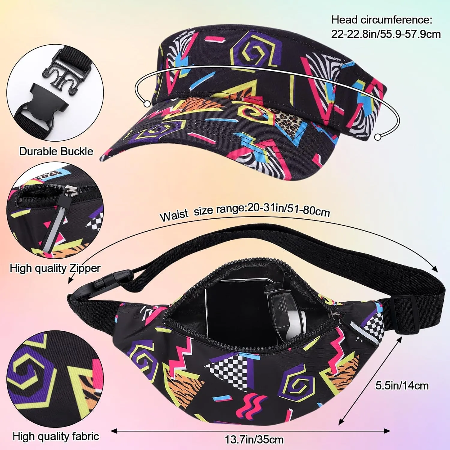 2 Pcs 80s 90s Fanny Pack Sun Visor Hat Waist Bag 80s 90s Outfit Retro Summer Sports Party Fashion Accessories for Men Women (Black)