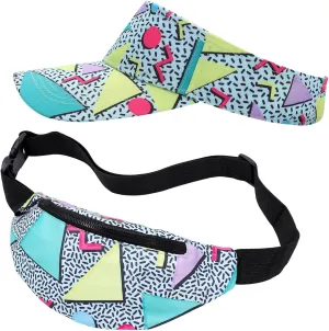 2 Pcs 80s 90s Fanny Pack Sun Visor Hat Waist Bag 80s 90s Outfit Retro Summer Sports Party Fashion Accessories for Men Women (Green)