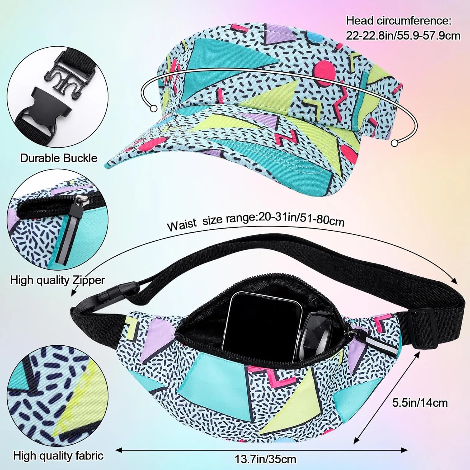 2 Pcs 80s 90s Fanny Pack Sun Visor Hat Waist Bag 80s 90s Outfit Retro Summer Sports Party Fashion Accessories for Men Women (Green)