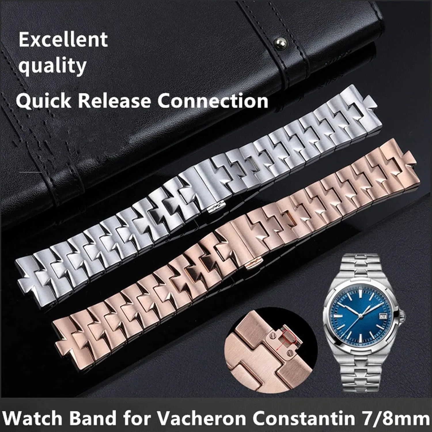 24mm 7mm 8mm Quick Release Connection Stainless Steel Bracelet Watch Band for VACHERON CONSTANTIN Strap Watchband Overseas (Color : Silver, Size : 24x7mm)