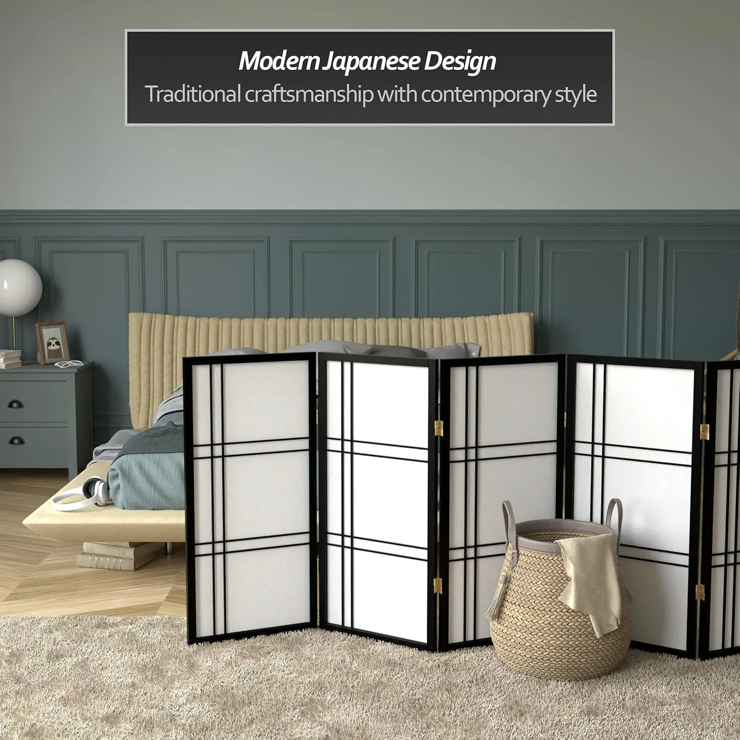 3 ft. Short Double Cross Shoji Screen - Black - 5 Panels