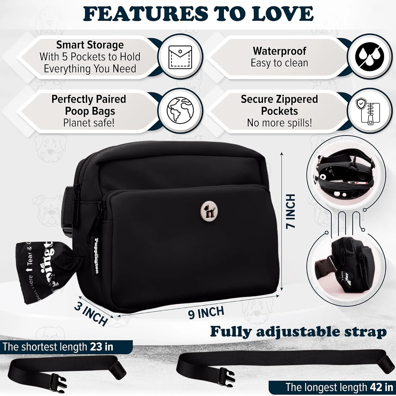 3-in-1 Crossbody Dog Walking Bag & Treat Pouch with Matching Planet Safe Poop Bags & Built-In Dispenser - Dog Mom Gift for Puppy Training with Zippered Pockets (Onyx Black)