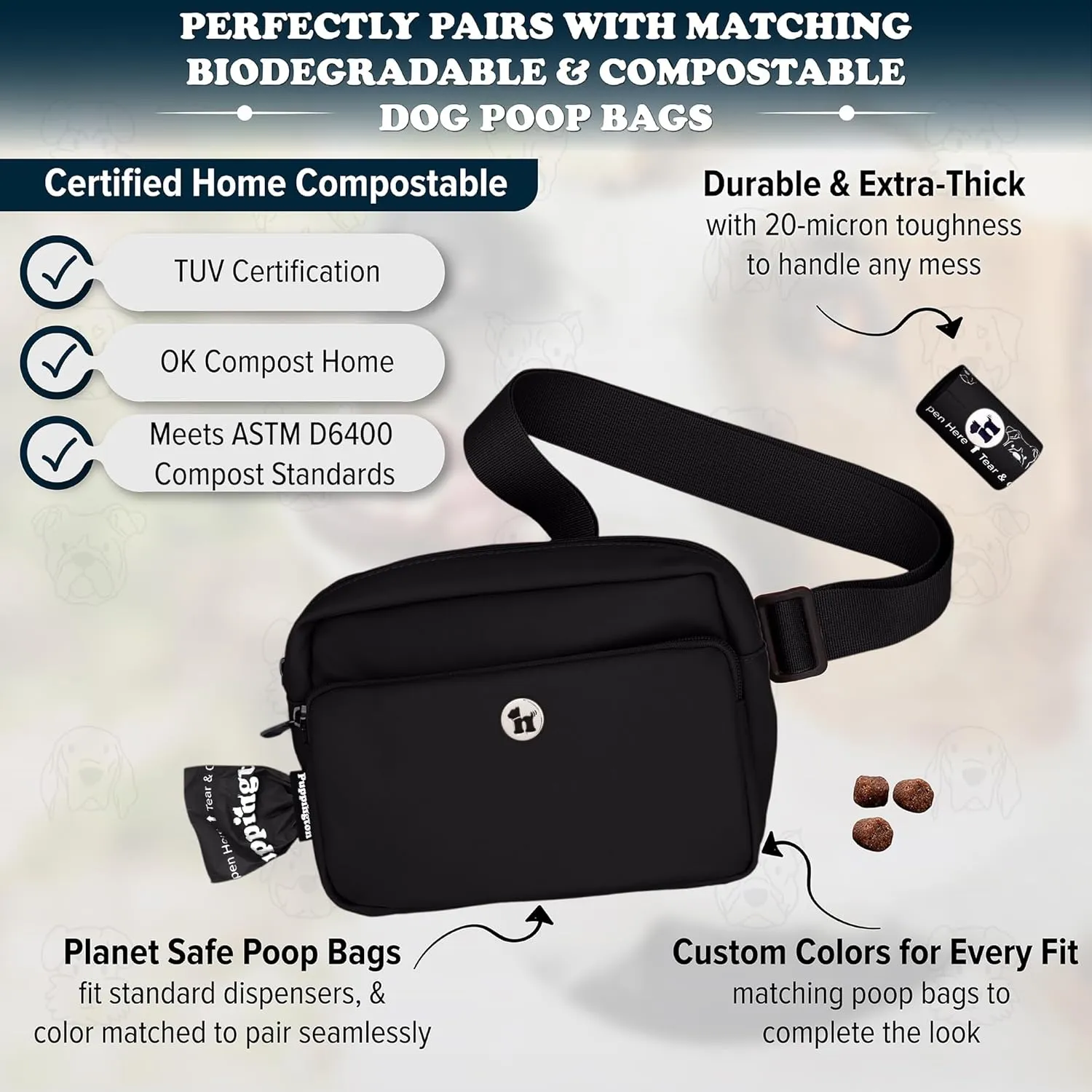 3-in-1 Crossbody Dog Walking Bag & Treat Pouch with Matching Planet Safe Poop Bags & Built-In Dispenser - Dog Mom Gift for Puppy Training with Zippered Pockets (Onyx Black)
