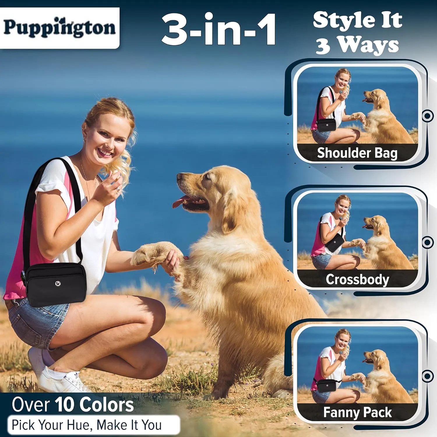 3-in-1 Crossbody Dog Walking Bag & Treat Pouch with Matching Planet Safe Poop Bags & Built-In Dispenser - Dog Mom Gift for Puppy Training with Zippered Pockets (Onyx Black)