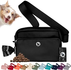 3-in-1 Crossbody Dog Walking Bag & Treat Pouch with Matching Planet Safe Poop Bags & Built-In Dispenser - Dog Mom Gift for Puppy Training with Zippered Pockets (Onyx Black)