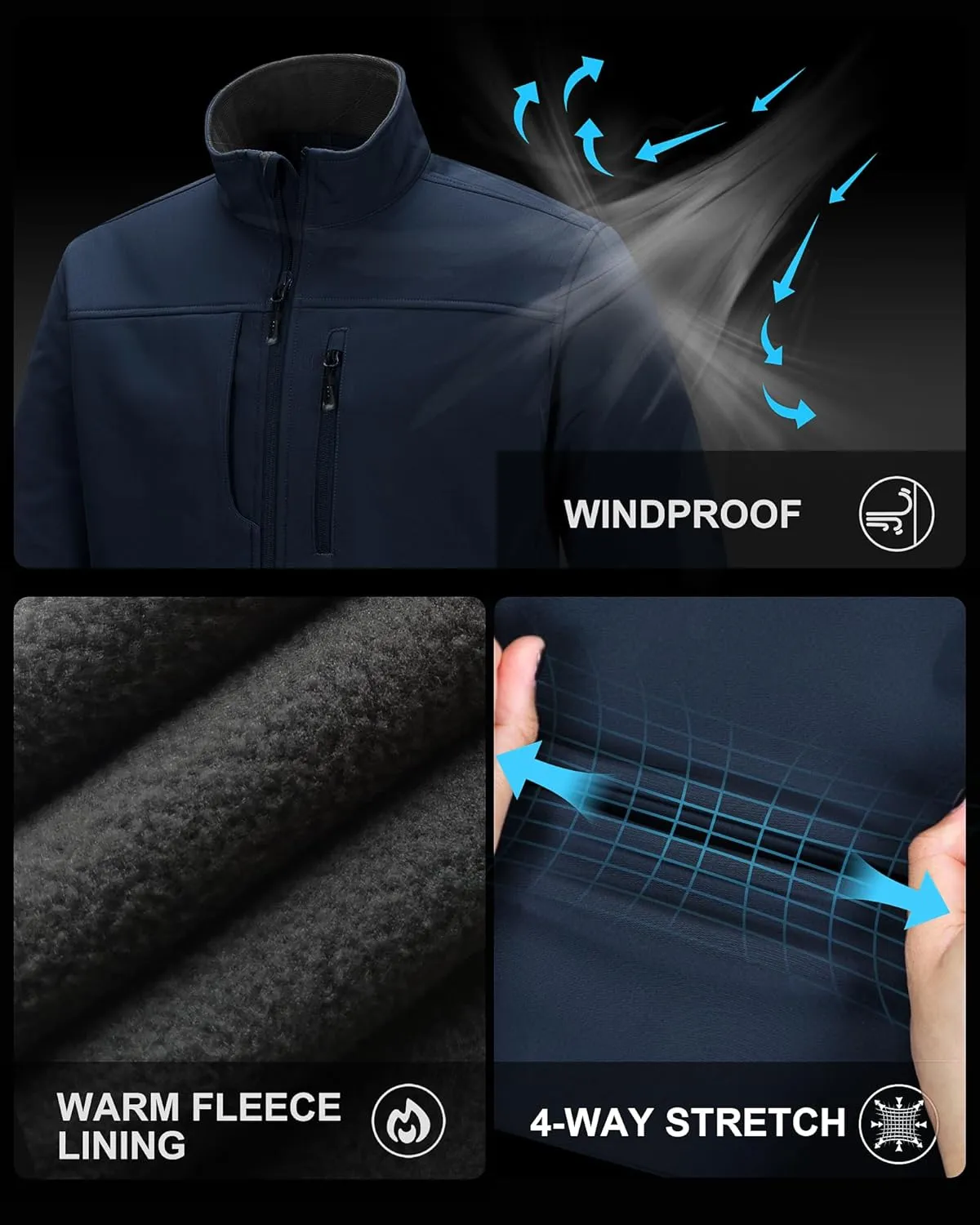 33,000ft Men's Lightweight Softshell Jacket Warm Fleece Lined Windbreaker Waterproof Soft Shell for Outdoor Hiking