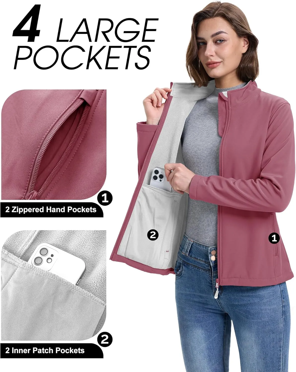 33,000ft Women's Lightweight Softshell Jacket Fleece Lined Windbreaker Waterproof Warm Jacket for Running Golf Hiking