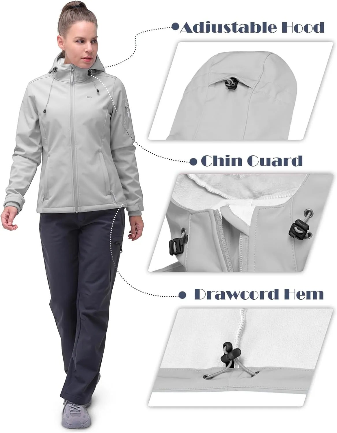 33,000ft Women's Softshell Jacket, Fleece Lined Warm Jacket Light Hooded Windproof Coat for Outdoor Hiking