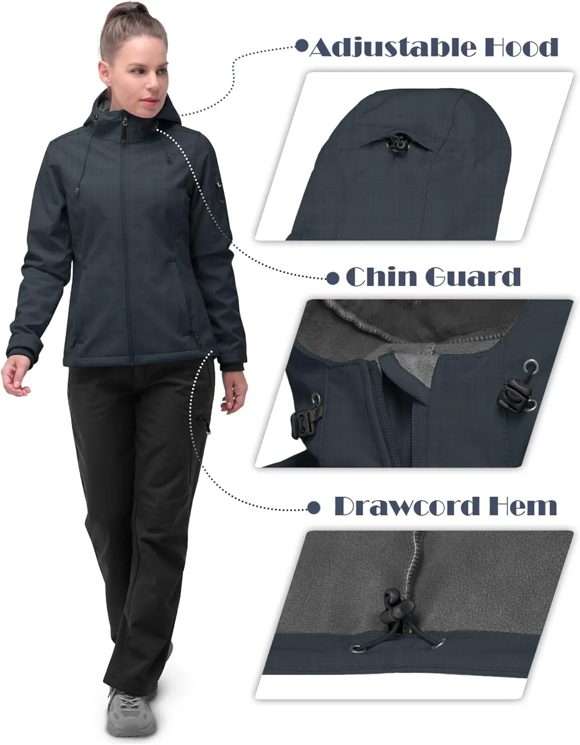 33,000ft Women's Softshell Jacket, Fleece Lined Warm Jacket Light Hooded Windproof Coat for Outdoor Hiking