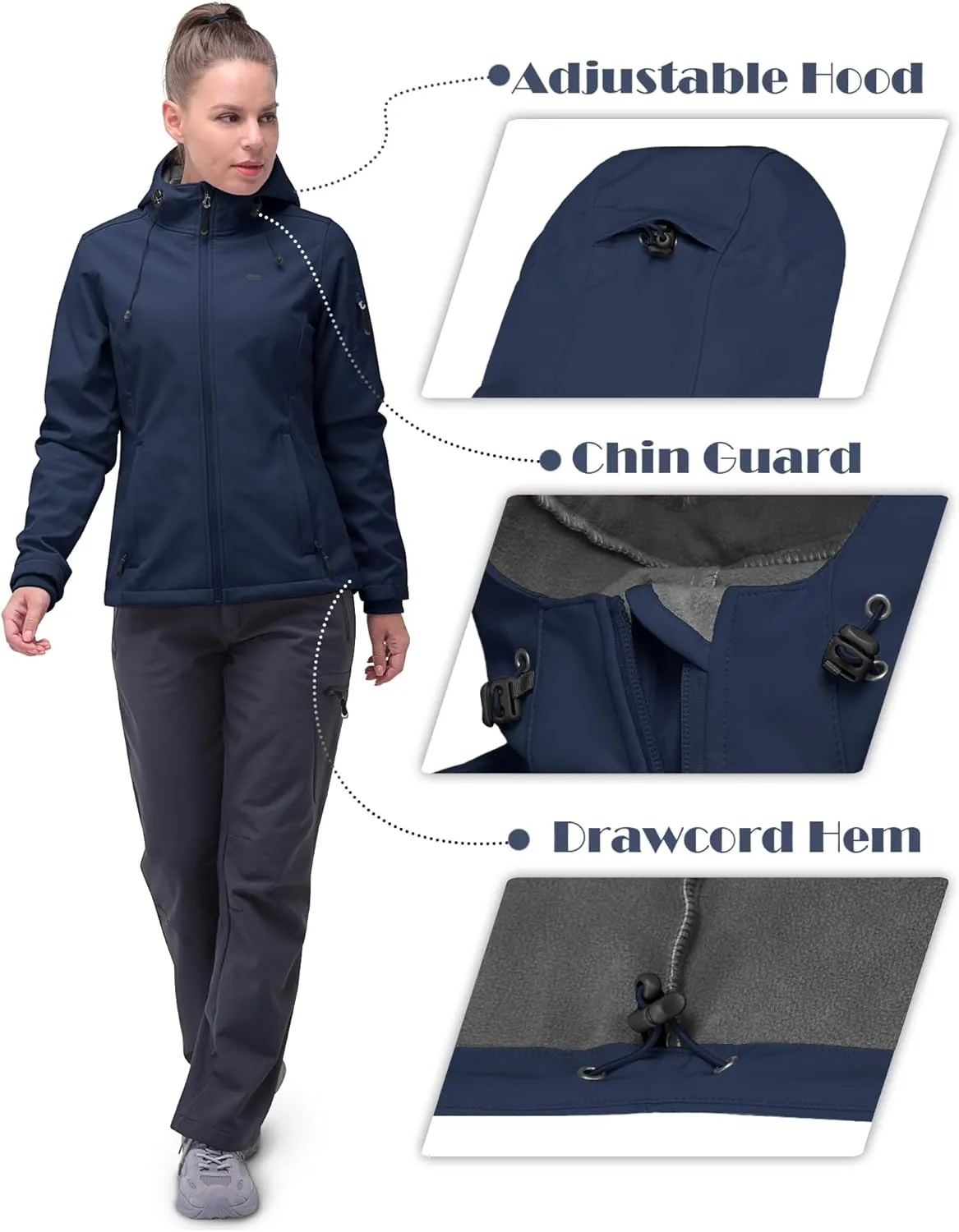 33,000ft Women's Softshell Jacket, Fleece Lined Warm Jacket Light Hooded Windproof Coat for Outdoor Hiking