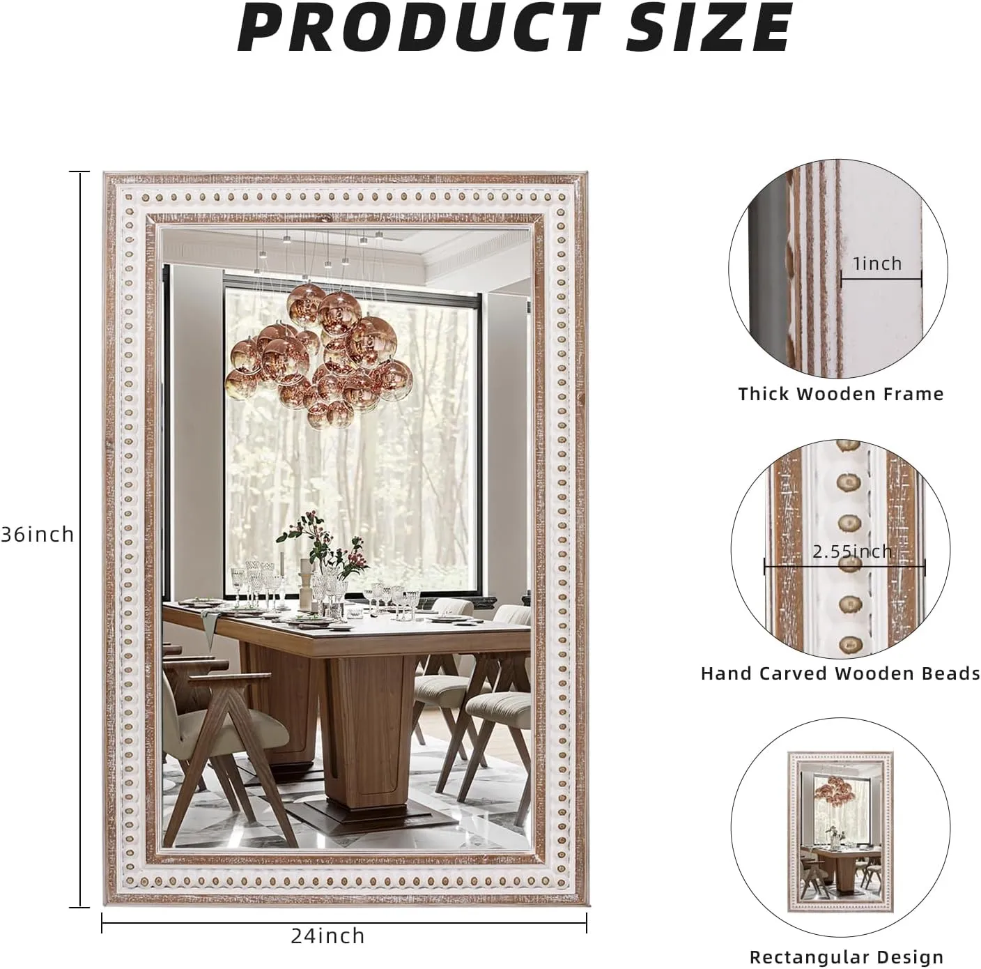 36x24'' Boho Wooden Rectangle Wall Mirror, Rustic Farmhouse Rectangular Mirrors for Bathroom, Bedroom, Living Room, Entryway Decorative - Vertical or Horizontal Hanging