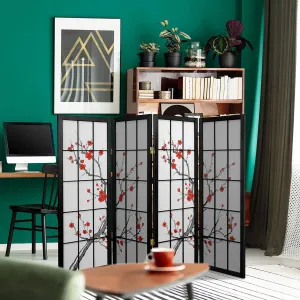 4 ft. Short Cherry Blossom Shoji Screen - Black - 4 Panels