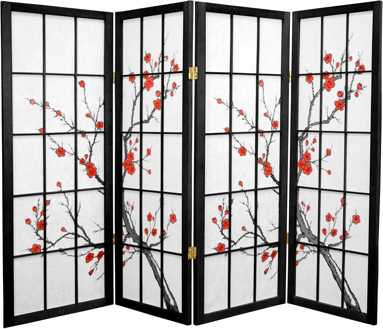 4 ft. Short Cherry Blossom Shoji Screen - Black - 4 Panels