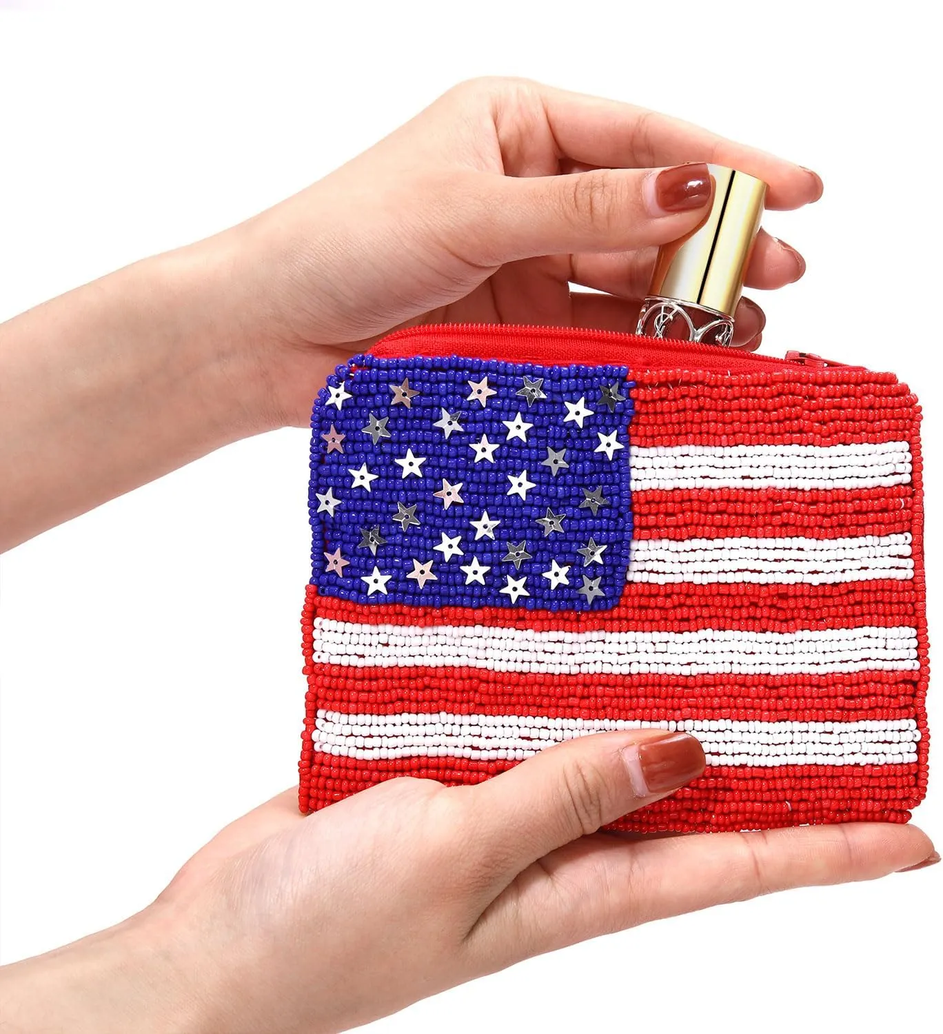 4th of July Coin Purse for Women Beaded Stars Stripes Coin Pouch Small American Flag Patriotic Change Purse Wallet Independence Day Party Favors (Red White Blue)