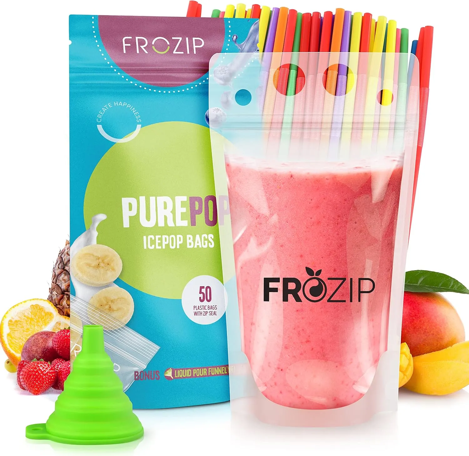 50pcs 16oz Drink Pouches for Adults - Drink Pouches with Straws x50 & Funnel - Resealable Smoothie Pouches & Clear Juice Pouches for Adults - Drink Bag Plastic Pouches for Drinks with Straws