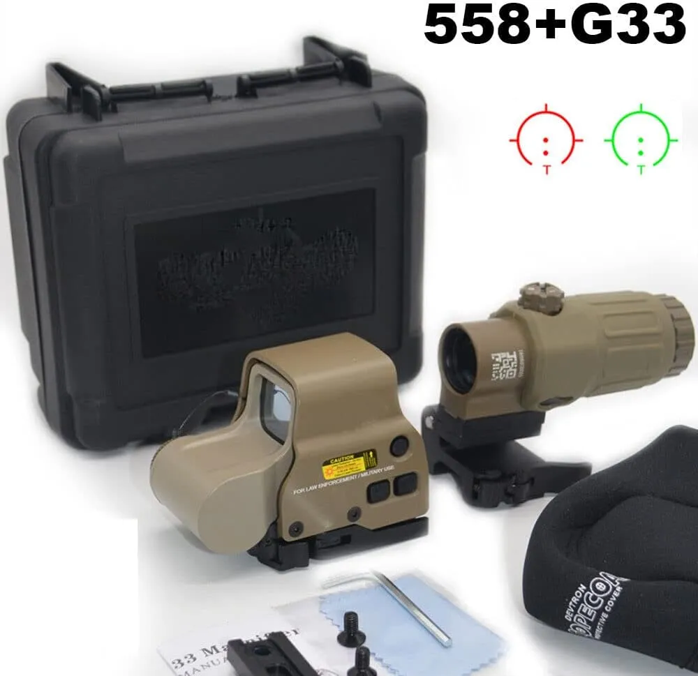 558 Red Green Dot Holographic Sight Reflex Scope with 3X Magnifier Quick Release Mount Combo