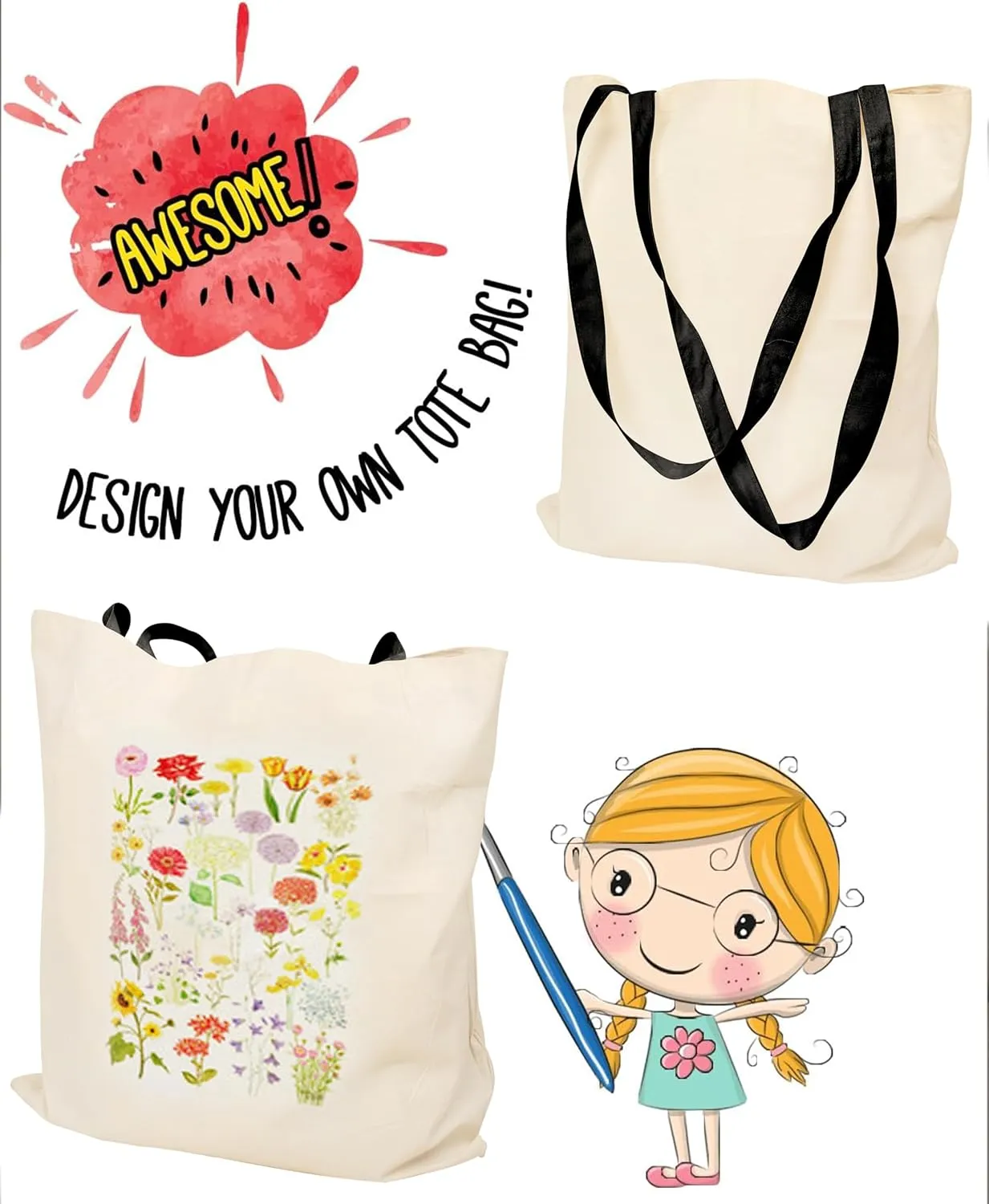 6 & 12 Pack Tote Bags - Reusable Shopping Bags for Women - 15 x 16