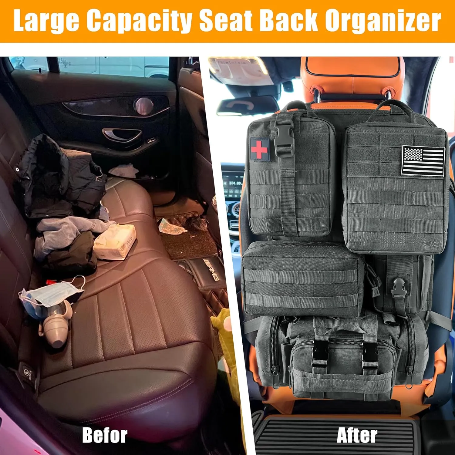 6 Pack Tactical MOLLE Car Seat Back Organizer - Universal Vehicle Storage Bag with 5 Detachable MOLLE Pouches, US Flag Patch & Keychain, Fits Jeep, Truck, SUV, Car, Ford, Chevy, Toyota, Honda (Black)