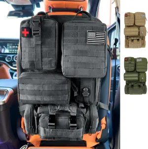 6 Pack Tactical MOLLE Car Seat Back Organizer - Universal Vehicle Storage Bag with 5 Detachable MOLLE Pouches, US Flag Patch & Keychain, Fits Jeep, Truck, SUV, Car, Ford, Chevy, Toyota, Honda (Black)