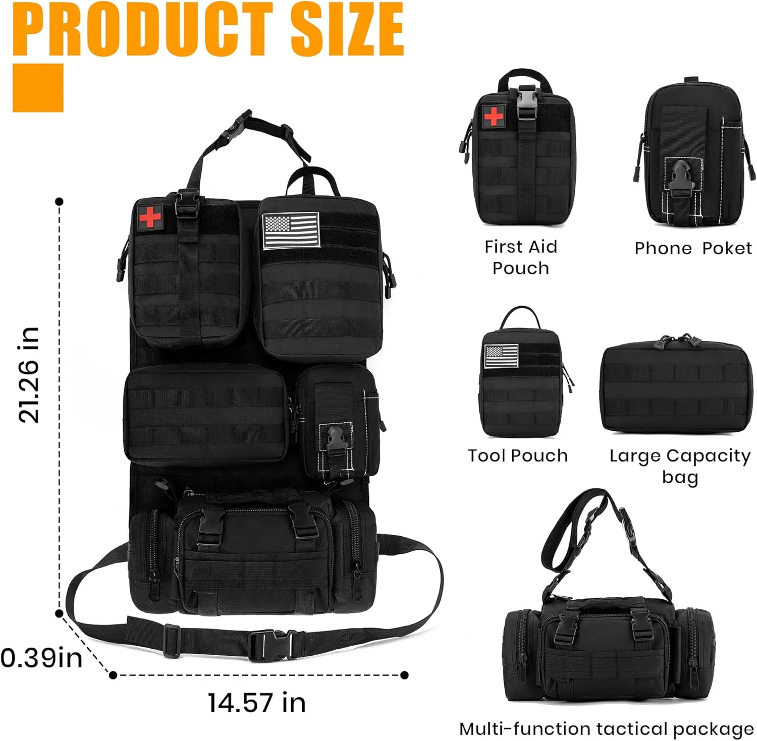 6 Pack Tactical MOLLE Car Seat Back Organizer - Universal Vehicle Storage Bag with 5 Detachable MOLLE Pouches, US Flag Patch & Keychain, Fits Jeep, Truck, SUV, Car, Ford, Chevy, Toyota, Honda (Black)