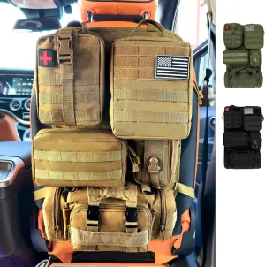 6 Pack Tactical MOLLE Car Seat Back Organizer - Universal Vehicle Storage Bag with 5 Detachable MOLLE Pouches, US Flag Patch, Fits Jeep, Truck, SUV, Car, Ford, Chevy, Toyota, Honda (KHAKI)