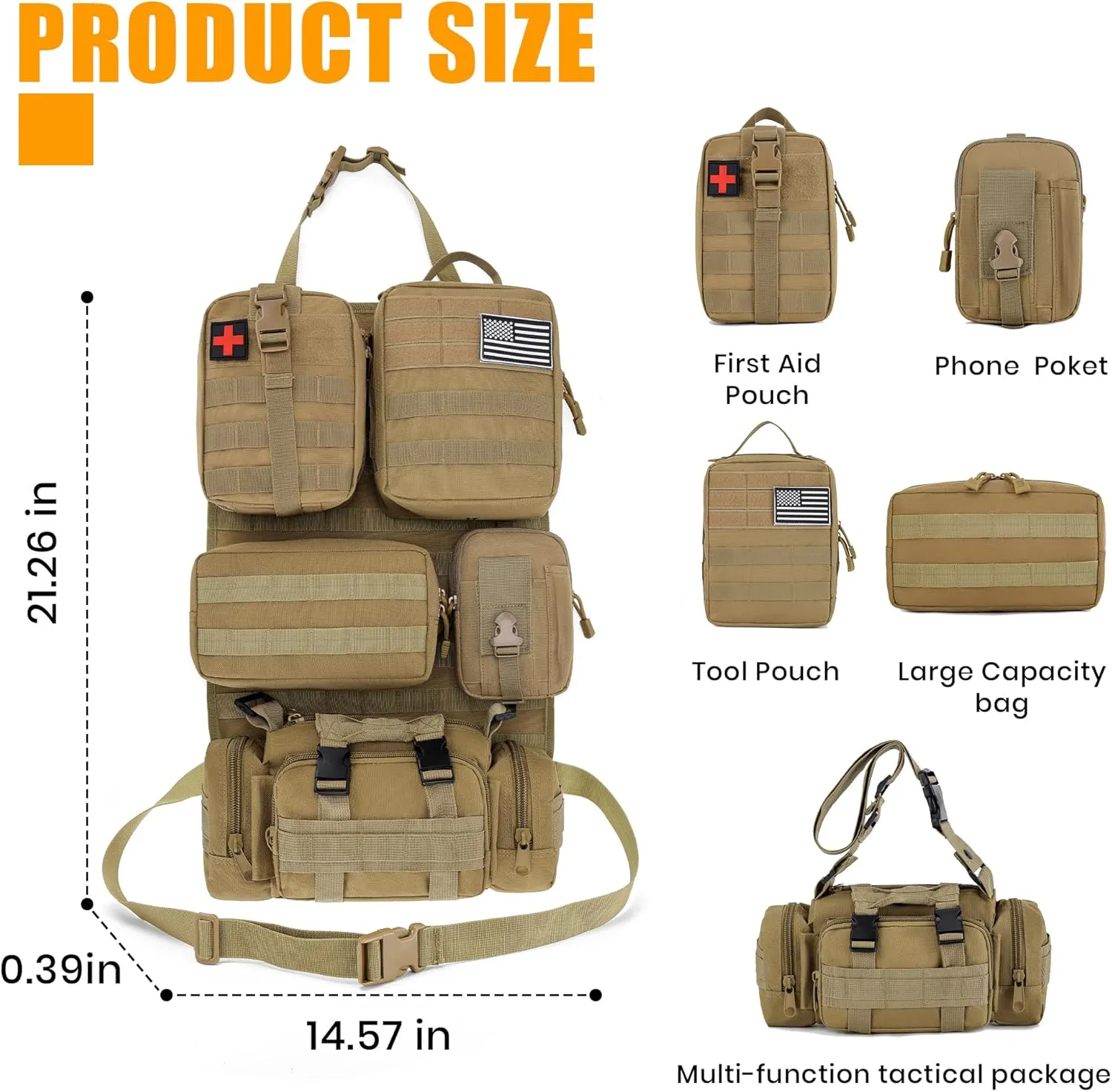 6 Pack Tactical MOLLE Car Seat Back Organizer - Universal Vehicle Storage Bag with 5 Detachable MOLLE Pouches, US Flag Patch, Fits Jeep, Truck, SUV, Car, Ford, Chevy, Toyota, Honda (KHAKI)