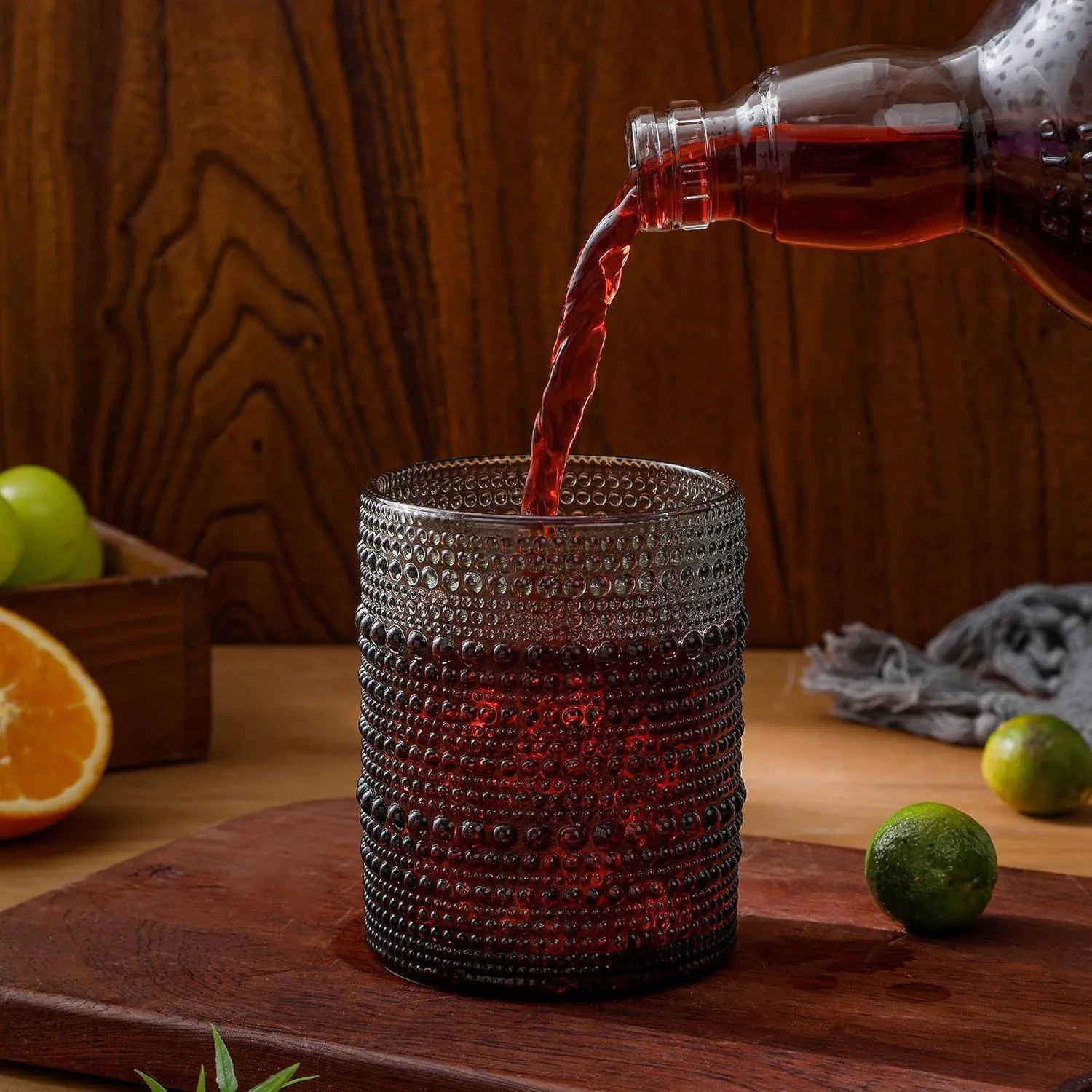 6-Pcs Hobnail Drinking Glasses Sets - 12 oz Vintage Kitchen Glassware Embossed Beaded Glass Cups, Gray Water Tumbler for Cocktail, Whiskey, Juice and Various Mixed Drinks