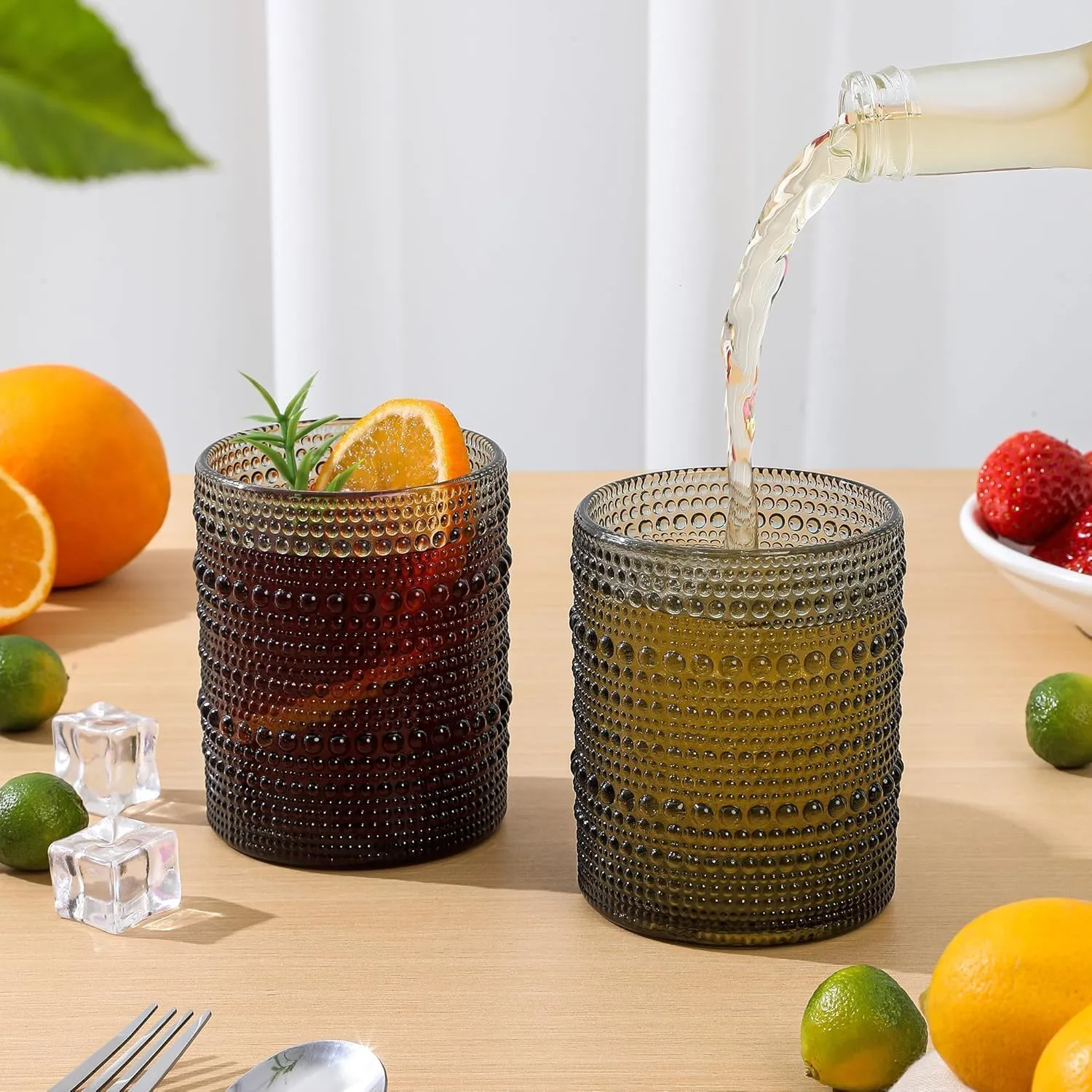 6-Pcs Hobnail Drinking Glasses Sets - 12 oz Vintage Kitchen Glassware Embossed Beaded Glass Cups, Gray Water Tumbler for Cocktail, Whiskey, Juice and Various Mixed Drinks
