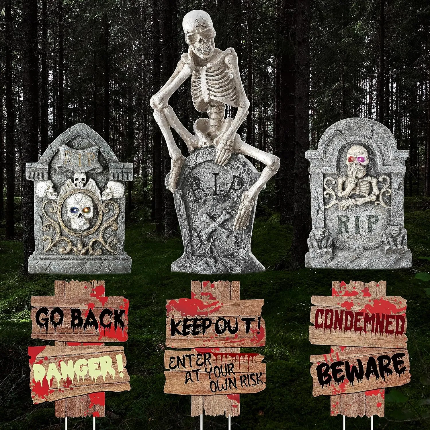 6 Styles Halloween Decorations Yard Signs, Skull Rip Tombstone   Beware Warning Signs Stakes Halloween Lawn Sign Outdoor Decorations