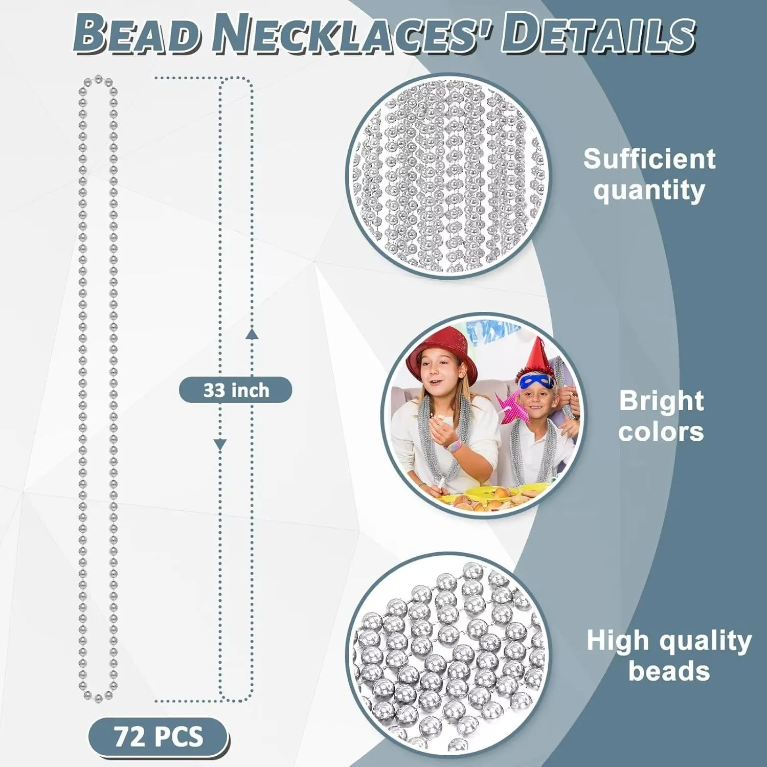 72PCS Bead Necklace, Silver Christmas Bead Necklace Party Favors Bulk, 33" Xmas Necklaces Stuff, Festival Events Parade Throw Accessories for Xmas Mardi Gras Wedding Birthday Celebrations Decor