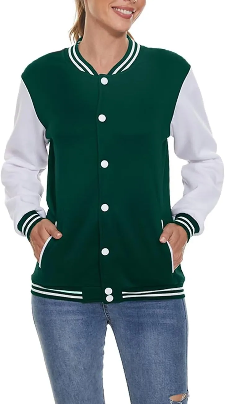 ACEFAST INC Women's Varsity Jacket Baseball Uniform Casual Long Sleeve Sport Bomber Jacket Coat