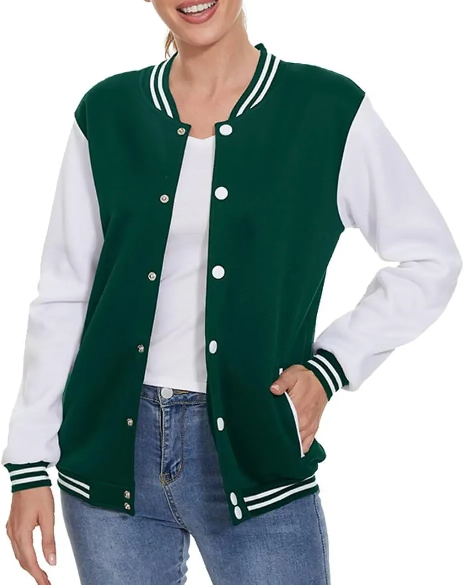 ACEFAST INC Women's Varsity Jacket Baseball Uniform Casual Long Sleeve Sport Bomber Jacket Coat