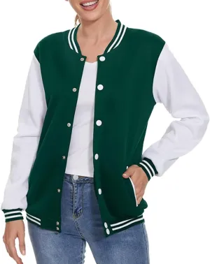 ACEFAST INC Women's Varsity Jacket Baseball Uniform Casual Long Sleeve Sport Bomber Jacket Coat