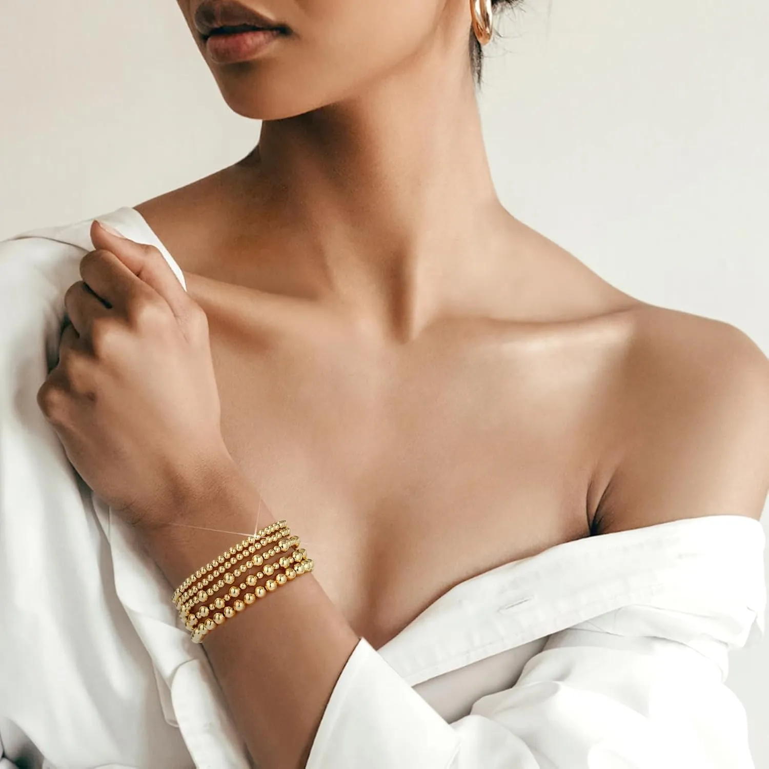 adoyi Gold Bracelets for Women Waterproof, 14K Gold Plated Beaded Strand Bead Ball Bracelets stack Adjustable Jewelry Set for Gifts