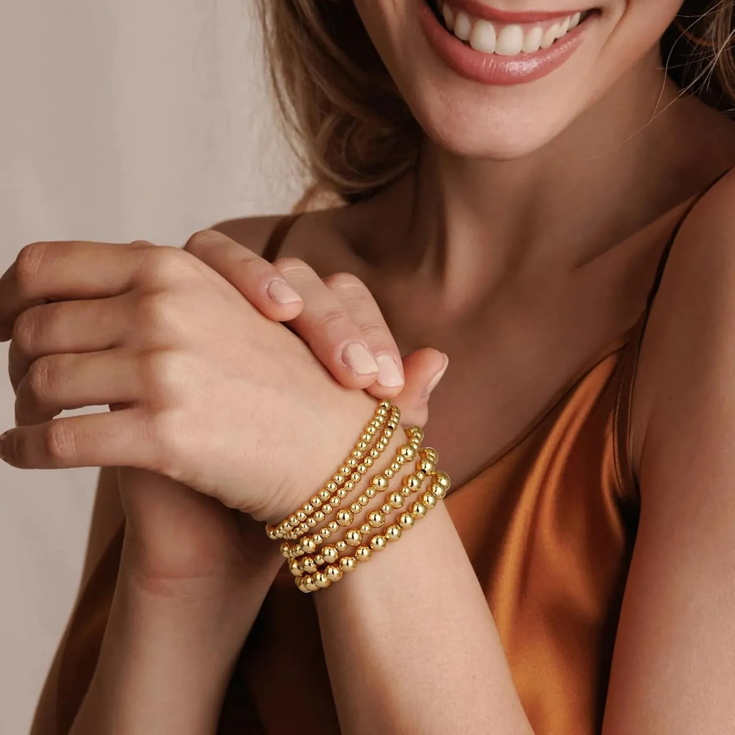 adoyi Gold Bracelets for Women Waterproof, 14K Gold Plated Beaded Strand Bead Ball Bracelets stack Adjustable Jewelry Set for Gifts