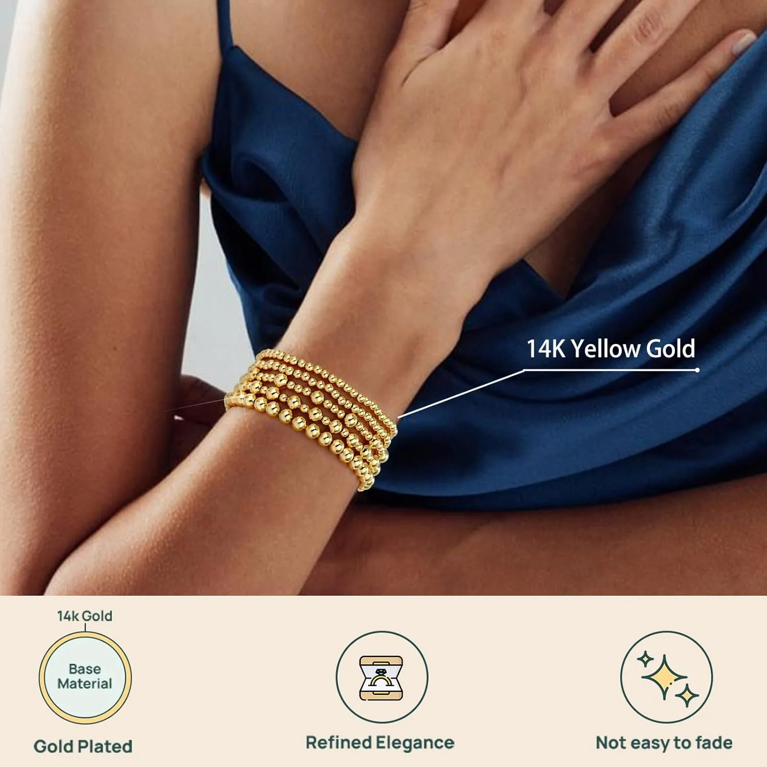 adoyi Gold Bracelets for Women Waterproof, 14K Gold Plated Beaded Strand Bead Ball Bracelets stack Adjustable Jewelry Set for Gifts