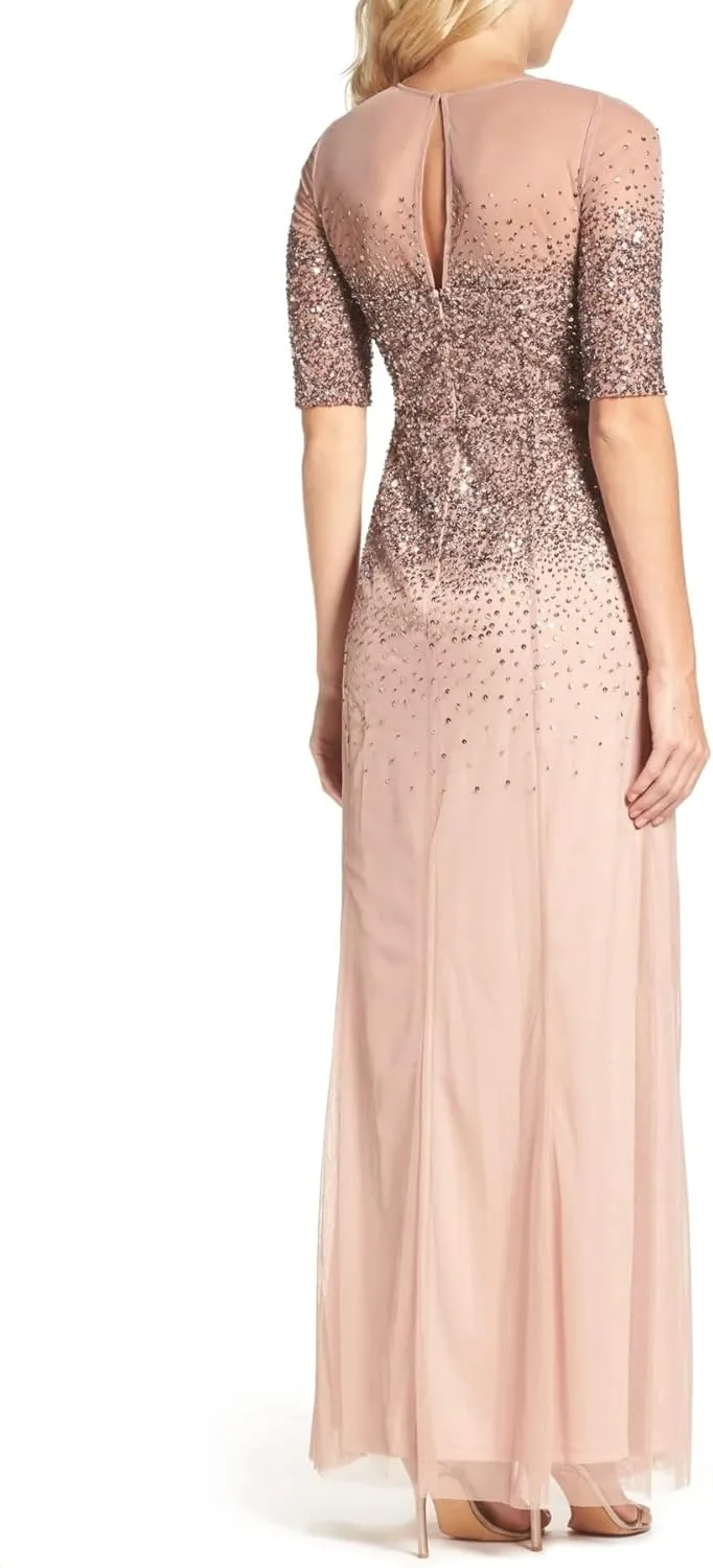 Adrianna Papell Women's 3/4 Sleeve Beaded Illusion Gown with Sweetheart Neckline