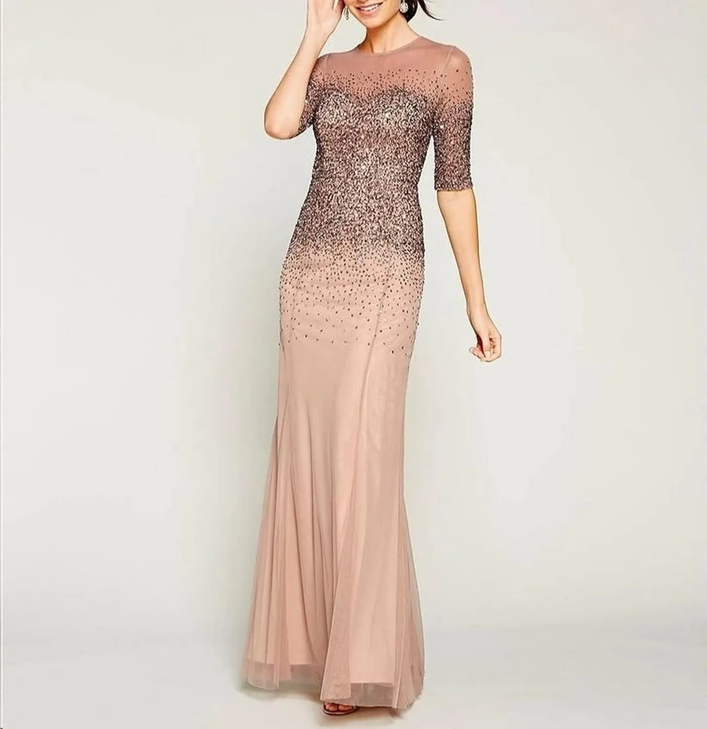 Adrianna Papell Women's 3/4 Sleeve Beaded Illusion Gown with Sweetheart Neckline