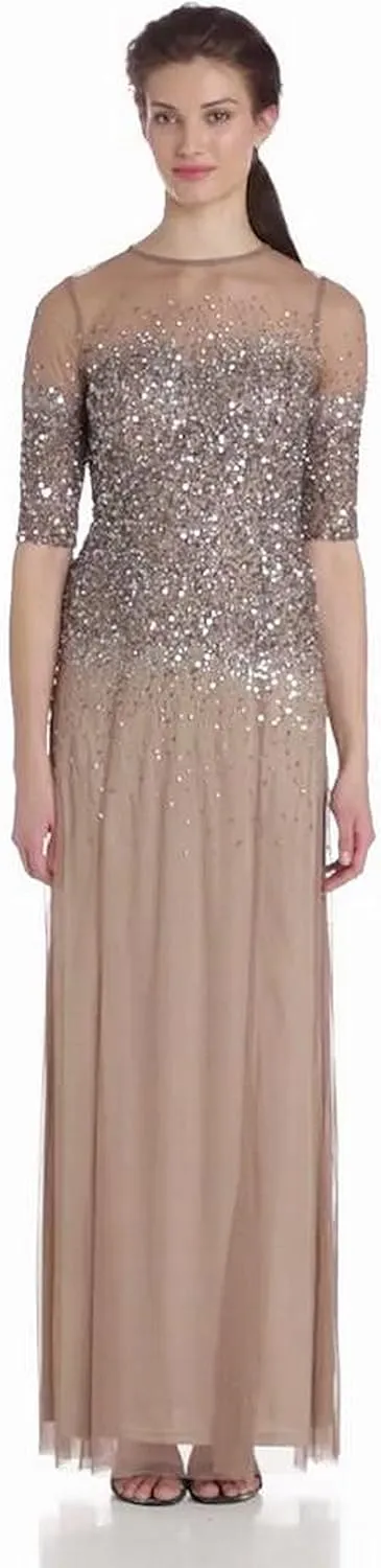 Adrianna Papell Women's 3/4 Sleeve Beaded Illusion Gown with Sweetheart Neckline