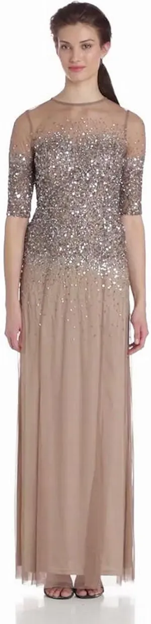 Adrianna Papell Women's 3/4 Sleeve Beaded Illusion Gown with Sweetheart Neckline