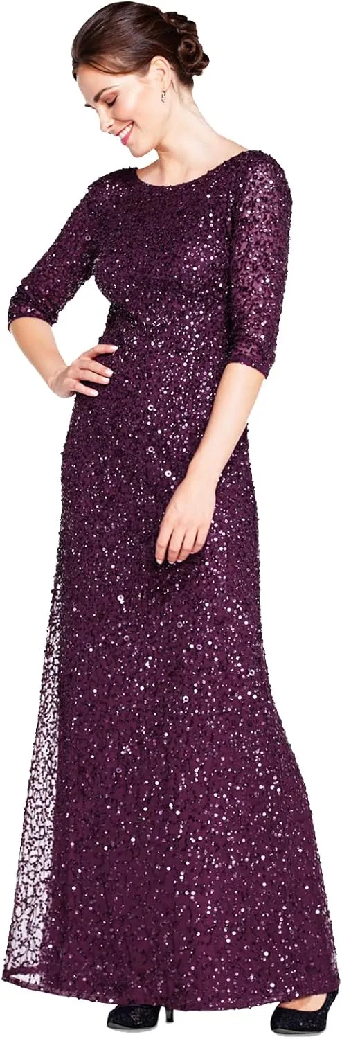 Adrianna Papell Women's 3/4 Sleeve Scoop Back Beaded Gown