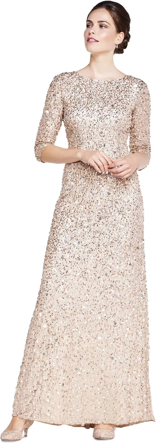 Adrianna Papell Women's 3/4 Sleeve Scoop Back Beaded Gown